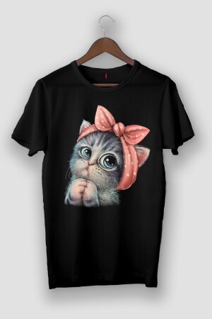 Kadın Siyah Sevimli Minik Kedi Baskılı T-shirt - 1