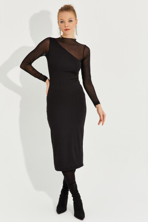 Kadın Siyah Tül Detaylı Asimetrik Midi Elbise EY2601 - 1