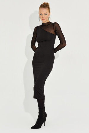Kadın Siyah Tül Detaylı Asimetrik Midi Elbise EY2601 - 2