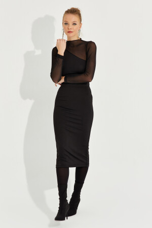 Kadın Siyah Tül Detaylı Asimetrik Midi Elbise EY2601 - 3