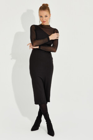 Kadın Siyah Tül Detaylı Asimetrik Midi Elbise EY2601 - 4