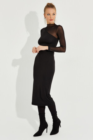 Kadın Siyah Tül Detaylı Asimetrik Midi Elbise EY2601 - 5