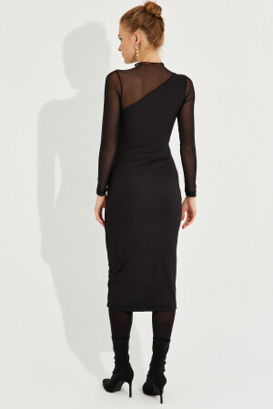 Kadın Siyah Tül Detaylı Asimetrik Midi Elbise EY2601 - 6