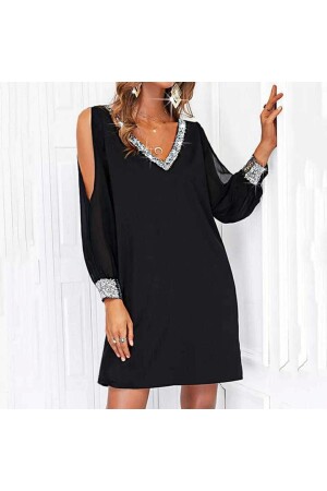 Kadın Siyah Uzun Kollu Kollar Tül Yırtmaçlı V Yakalı Kısa Krep Elbise - 1