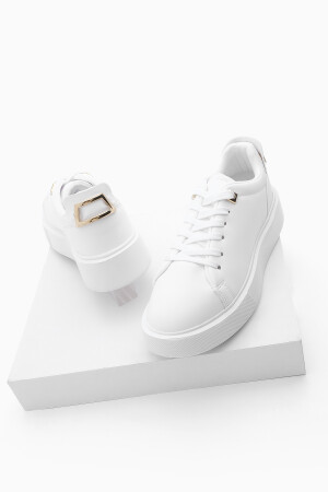 Kadın Sneaker Kalın Taban Altın Toka Detaylı Bağcıklı Spor Ayakkabı Rofke Beyaz - 1