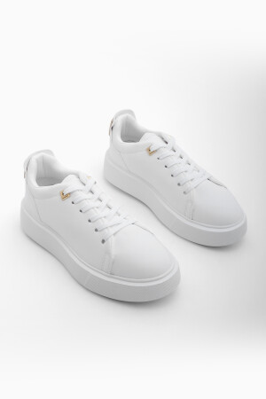 Kadın Sneaker Kalın Taban Altın Toka Detaylı Bağcıklı Spor Ayakkabı Rofke Beyaz - 3