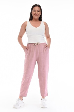 Kadın Toz Pembe Sentetik Keten Yüksel Bel Dar Paça Bağcıklı Büyük Beden Mom Pantolon C611bb - 1