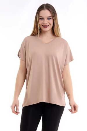 Kadın Vizon Büyük Beden V Yaka Oversize Basic T-shirt - 2