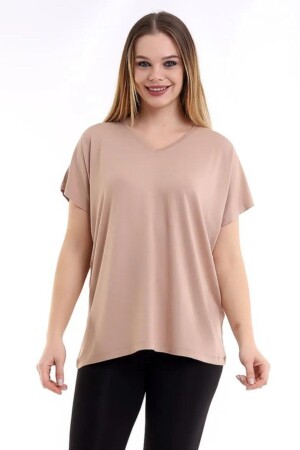 Kadın Vizon Büyük Beden V Yaka Oversize Basic T-shirt - 1