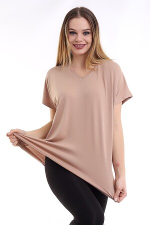 Kadın Vizon Büyük Beden V Yaka Oversize Basic T-shirt - 2