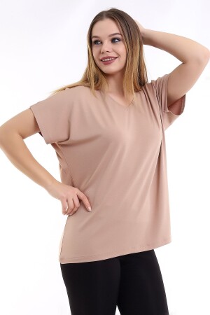 Kadın Vizon Büyük Beden V Yaka Oversize Basic T-shirt - 4
