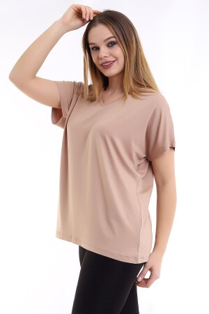 Kadın Vizon Büyük Beden V Yaka Oversize Basic T-shirt - 5