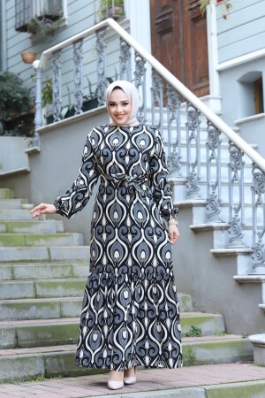 Kadın Yazlık Kuşaklı Kolu Lastikli Desenli Viskon Dokuma Tesettür Elbise - 1