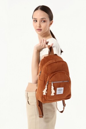 Kadın Yeni Sezon Konfor Modeli Kadife Fitilli Iki Bölmeli Ön Cepli Okul Spor Seyahat Sırt Çantası Tarzımsüper Uygun Ucuz Genç Backpack - 6