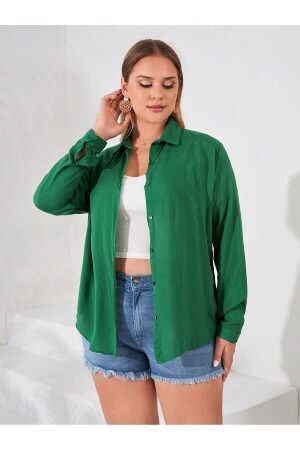Kadın Yeşil Büyük Beden Basic Geniş Kalıp Dokuma Viskon Kumaş Gömlek Bluz - 1