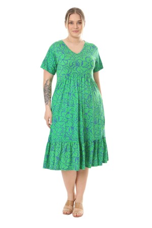 Kadın Yeşil Çiçek Desen V yaka Kısa Kol Fırfırlı Robalı Elbise - 1