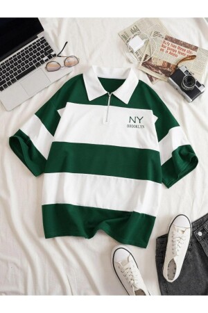 Kadın Yeşil Çizgili NY Baskılı Fermuarlı Polo Yaka Oversize T-shirt - 1