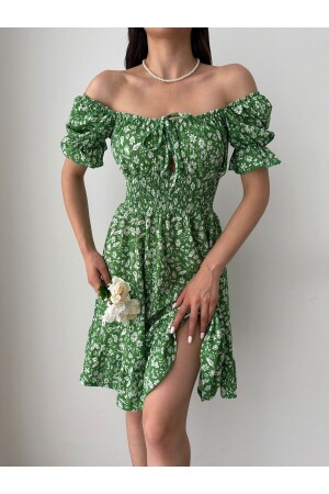 Kadın Yeşil Desenli Mini Göğüs Dekolteli Gipeli Bürümcük Yazlık Elbise - 5