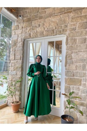 Kadın Yeşil Saten Kemerli Bellae Elbise - Lavendel