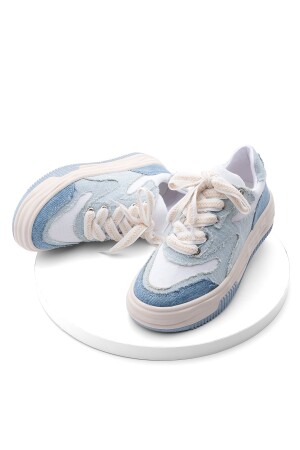 Kadın Yüksek Taban Sneaker Keten Kumaş Bağcıklı Spor Ayakkabı Corken Mavi Kot - 1