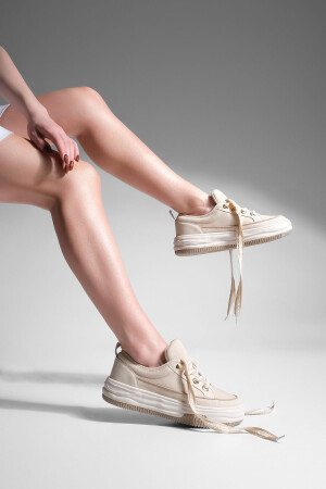 Kadın Yüksek Taban Sneaker Keten Kumaş Bağcıklı Spor Ayakkabı Hesna bej - 2