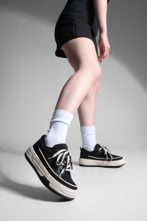 Kadın Yüksek Taban Sneaker Keten Kumaş Bağcıklı Spor Ayakkabı Hesna siyah - 2