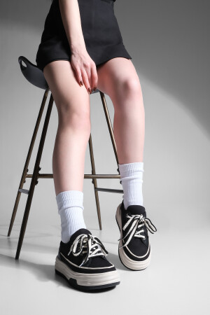 Kadın Yüksek Taban Sneaker Keten Kumaş Bağcıklı Spor Ayakkabı Hesna siyah - 4