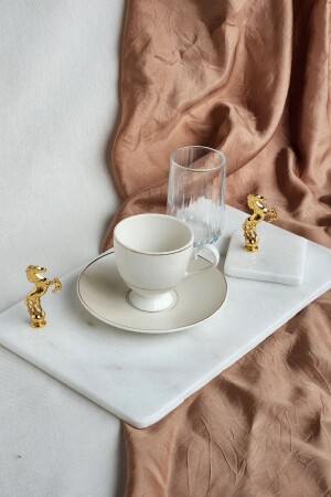 Kaffeeservice des Bräutigams, echtes dünnes Marmortablett + Tasse + Wasserglas + Türkische-Delight-Schüssel mit Pferdefigur, goldfarben, SNM-DMTSTAT - 1