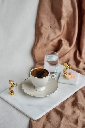 Kaffeeservice des Bräutigams, echtes dünnes Marmortablett + Tasse + Wasserglas + Türkische-Delight-Schüssel mit Pferdefigur, goldfarben, SNM-DMTSTAT - 4