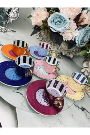 Kahve Fincan Takımı - Renkli Puantiye Detaylı - 6 Adet - Renkli Kahve Fincanı (MH000108) C263 - Genel Markalar