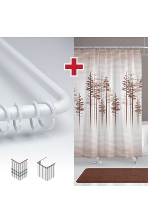 Kahverengi Ağaç Desen Banyo Perdesi Askı Hediyeli 180x200cm Tek Kanat Duş Perdesi- L Boru Hediyeli - Tropikhome