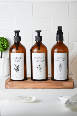 Brauner Holzständer mit Blumenetikett, Glasflasche mit 500 ml Spülmittel, Küchenreiniger - Lalezen Home
