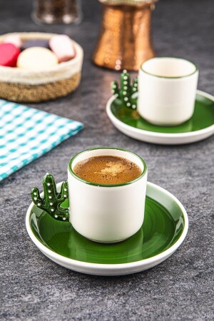 Kaktüs 2 Adet El Yapımı 110 Ml Türk Kahvesi Fincanı Yeşil Tabak, Espresso, Hediyelik Fincan TSK-003-K - 3