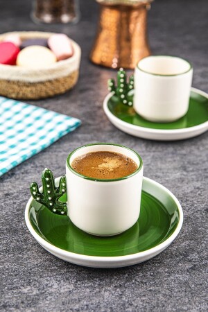 Kaktüs 2 Adet El Yapımı 110 Ml Türk Kahvesi Fincanı Yeşil Tabak, Espresso, Hediyelik Fincan TSK-003-K - 2