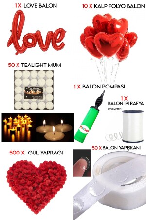 Kalp Mum- Love Ve Kalp Balon- Gül Yaprağı- Tealight Mum Süsleme- Sevgililer Günü- Evlilik Teklifi - 2