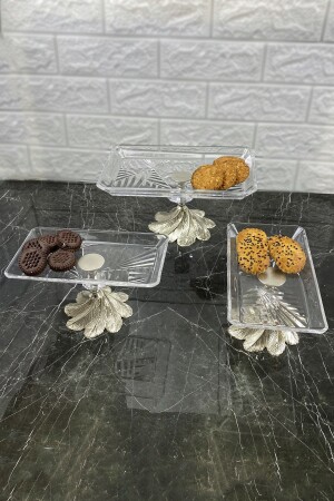 Kand Madlen Cam Sunum Servis Seti 3 Parça Metal Ayaklı Cam Sunumluk - May Home