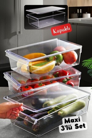 Kapaklı Maxi Tall Clear Buzdolabı & Dolap Içi Düzenleyici Organizer 3 Adet NDY-EP-617 - 2