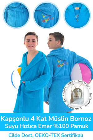 Kapşonlu 4 Kat Müslin Çocuk Bornoz %100 Pamuk Kız Ve Erkek Çocuk Bornozu Blue Bee EHQRVW89 - BeeMind
