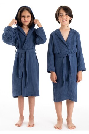 Kapşonlu 4 Kat Müslin Çocuk Bornoz Lacivert - Denizli Concept