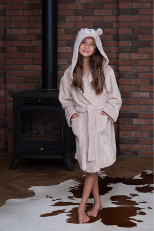 Kapşonlu Ayı Nakışlı Wellsoft Çocuk Sabahlık (BEJ) bej06-uni - MEYHOME