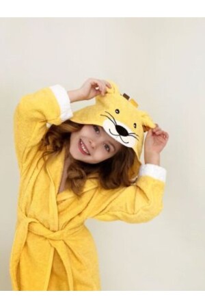 Kapşonlu Çocuk Bornoz % 100 Pamuklu Sarı Aslan Hayvan - Ely Parker