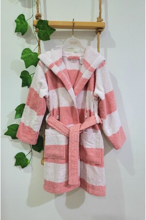Weicher Unisex-Bademantel aus weicher Baumwolle mit Kapuze für Mädchen und Jungen, gestreift/rosa ATS20705ÇB - Alpar Tekstil