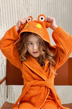 Kapüşonlu Bornoz %100 Pamuk Erkek Çocuk Bornozu Hayvan Yengeç Turuncu ELYPRKR00978 - ELY PARKER