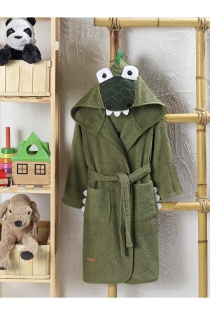 Kapüşonlu Çocuk Bornoz %100 Pamuk Kız-erkek Bebek Çocuk Bornozu Hayvan Timsah Yeşil BRZ0001 - ÇARŞAF DÜNYASI