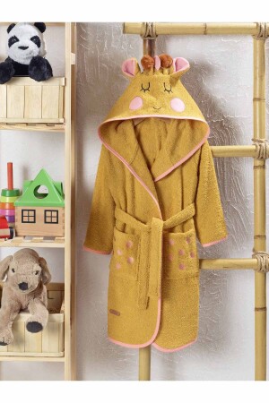 Kapüşonlu Çocuk Bornoz %100 Pamuk Kız-erkek Bebek Çocuk Bornozu Hayvan Zürafa Hardal - Ely Parker