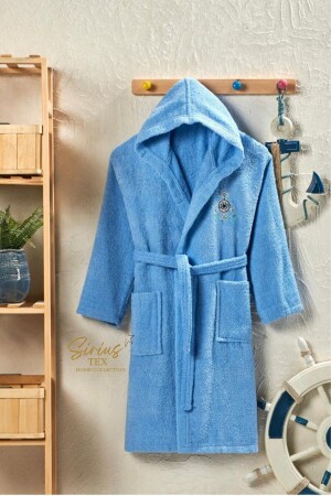 Kapüşonlu Mavi Çocuk Bornozu Kız-erkek Genç %100 Pamuk - Siriustex