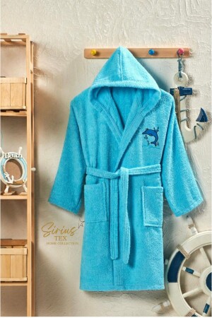 Kapüşonlu Turkuaz Çocuk Bornozu Kız-erkek Genç %100 Pamuk - Siriustex