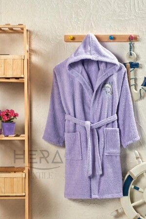Kapüşonlu Ve Kemerli Lila Pamuklu Erkek-kız Genç Çocuk Bornozu - Hera