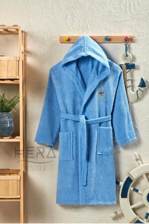 Kapüşonlu Ve Kemerli Mavi Pamuklu Erkek-kız Genç Çocuk Bornozu - Hera