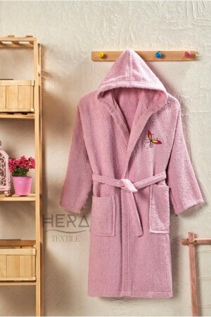 Kapüşonlu Ve Kemerli Pembe Pamuklu Erkek-kız Genç Çocuk Bornozu - Hera